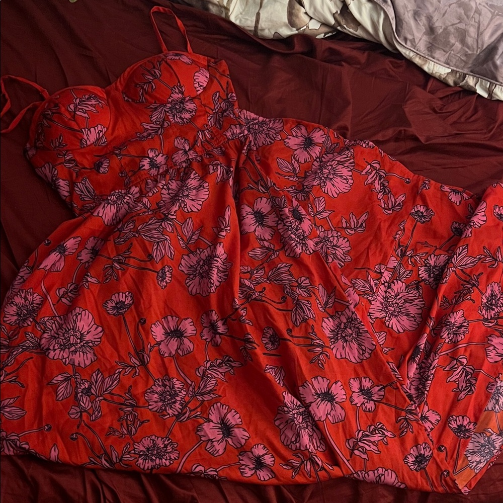 Vibrant Red Dress with Pink Floral Design